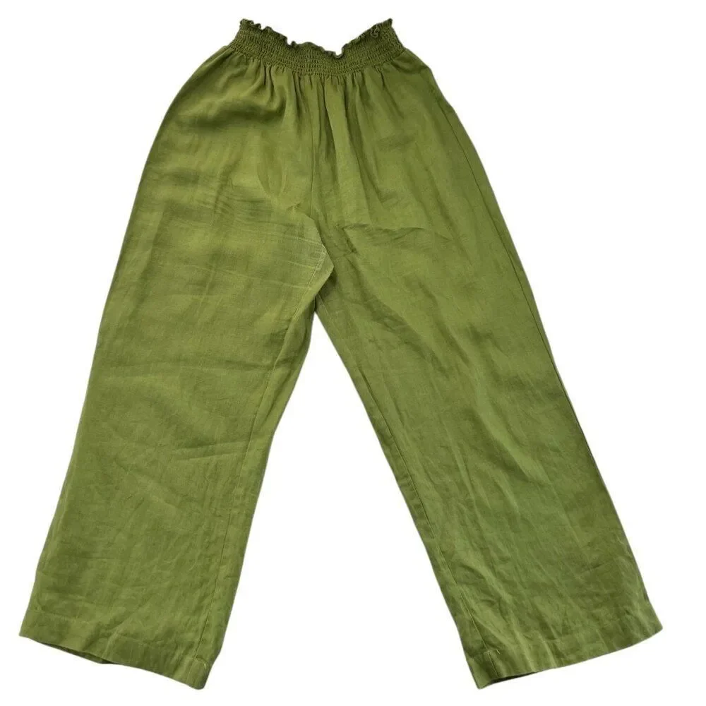 Reformation Vera Lime Green Linen Smocked Waist Wide-Leg Pants Size 12